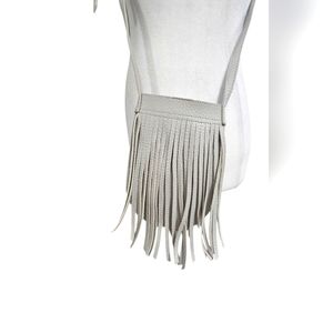 Vegan Leather Mini Fringe Boho Western Crossbody Bag In Gray.